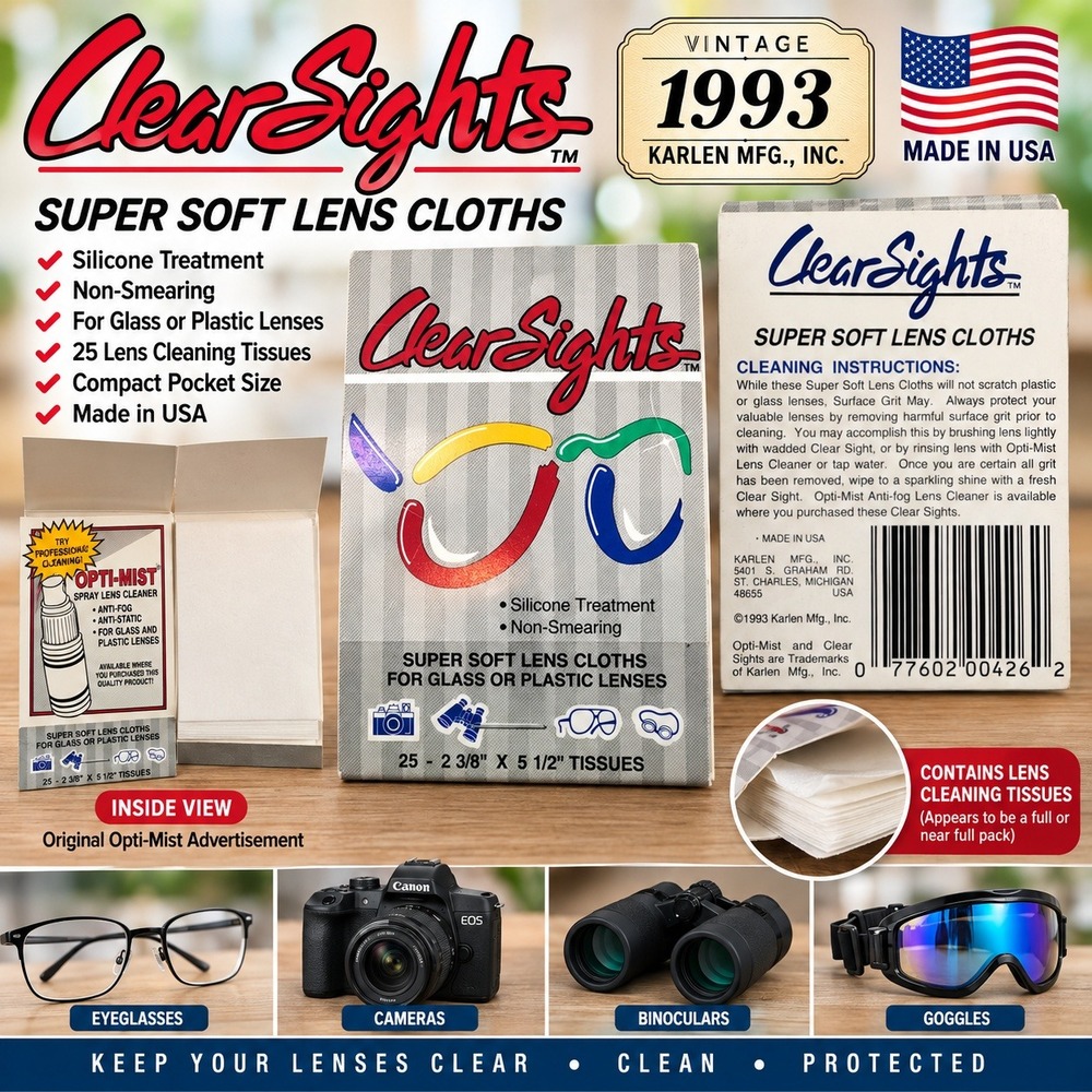 Vintage 1993 ClearSights Lens Cloths 25 Tissues Karlen Mfg Made in USA 004262